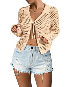 �t�@���W�����C ���f�B�[�X �A�E�^�[ �j�b�g�E�Z�[�^�[ ���b�V�� �J�[�f�B�K�� FUNJULY Womens Tie Front Crochet Collared Cardigan Lightweight Mesh Eyelet Long Sleeve Summer Cover up Apricot �A�v���R�b�g