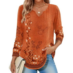 �W�[�O�[ ���f�B�[�X �g�b�v�X T�V���c V�l�b�N �v�����g �u���E�X Zeagoo Women s Long Sleeve V Neck Print Blouses Dressy Casual Spring Tops for Work Floral Orange Boho �I�����W