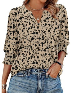�W�[�O�[ ���f�B�[�X �g�b�v�X T�V���c V�l�b�N �t�����[�� �u���E�X �t�����[ Zeagoo Women's 3/4 Sleeve V Neck Boho Floral Blouses Fashion Casualoose Fitunic Tops Apricot Back Floral �A�v���R�b�g