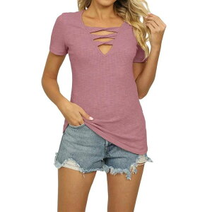 �G���[�g�X�s���b�g ���f�B�[�X �g�b�v�X �V���c V�l�b�N �J�b�g�A�E�g �u���E�X EliteSpirit Womensummer Deep V Neck Tops Casual Short Sleeve Low Cut Out Pullover Strap T Shirts Blouse Pink �s���N