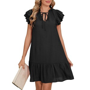 �Z�I���A ���f�B�[�X �g�b�v�X �����s�[�X V�l�b�N �t���� �~�j Seoria Summer Women's Flutter Sleeve Mini Dress V Neck Ruffle Short Sleeve Short Sundress Black �u���b�N