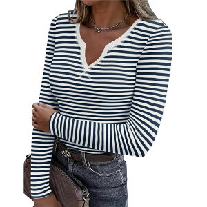 �W�[�O�[ ���f�B�[�X �g�b�v�X T�V���c ���u�j�b�g V�l�b�N �j�b�g Zeagoo Women's Long Sleeve V-Neck Rib Knit Pullover Tee Basicasual Tops for Daily Going Out Navy White Stripe �z���C�g