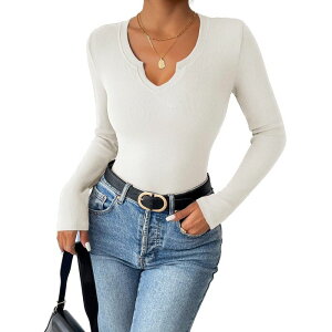 �y���������z �W�[�O�[ ���f�B�[�X T�V���c �g�b�v�X Zeagoo Women's Long Sleeve V-Neck Rib Knit Pullover Tee Basic Casual Tops for Daily Going Out White