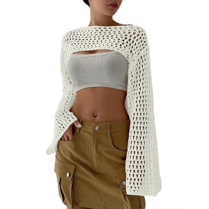 �N���A�t�����[ ���f�B�[�X �A�E�^�[ �j�b�g�E�Z�[�^�[ �V�A�[ ClearFlower Women Crochet Knit Shrug Long Bell Sleeve Crop Top Sheer Layering Cover Up White �z���C�g