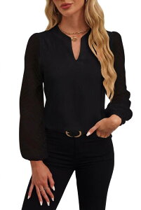 �G���[�g�`���C�X ���f�B�[�X �g�b�v�X �V���c V�l�b�N �V�A�[ �u���E�X Elitechoice Women's Professional V Neck Blouse Sheer Chevron Sleeve Office Tops with Split Neckline Black �u���b�N