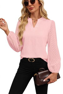 �G���[�g�`���C�X ���f�B�[�X �g�b�v�X �V���c V�l�b�N �V�A�[ �u���E�X Elitechoice Women's Professional V Neck Blouse Sheer Chevron Sleeve Office Tops with Split Neckline Pink �s���N