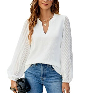 �G���[�g�`���C�X ���f�B�[�X �g�b�v�X �V���c V�l�b�N �V�A�[ �u���E�X Elitechoice Women's Professional V Neck Blouse Sheer Chevron Sleeve Office Tops with Split Neckline White �z���C�g