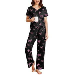 �G�R�A�[ ���f�B�[�X �A���_�[�E�F�A �i�C�g�E�F�A �v�����g �p���c Ekouaer 2 Piece Womens Pajamashort Sleeve Top and Long Pants Pjset Printed Sleepwear with Pocket Black Butterfly �u���b�N