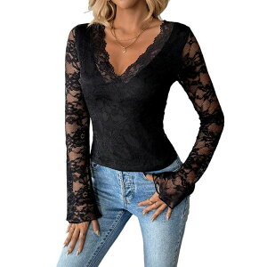 �R�W���C�� ���f�B�[�X �g�b�v�X T�V���c V�l�b�N ���b�V�� �V�A�[ �u���E�X ���[�X Kojooin Women's Long Sleeve Shirts Lace Tops Mesheer V Neck T Shirts Going Out Blouse Black �u���b�N