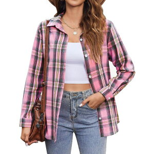 �W�[�O�[ ���f�B�[�X �g�b�v�X �V���c �{�^���_�E�� Zeagoo Women's Plaid Flannel Button Down Shirts Long Sleeve Casual Fall Fashion Tops Pink Blue Red �u���[