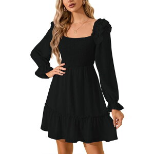 �y���������z �N���A�t�����[ ���f�B�[�X �����s�[�X �g�b�v�X Square Neck Ruffle Mini Dress Long Sleeve Bodycon Slip Dress for Women Black