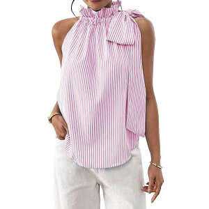 �G���[�g�X�s���b�g ���f�B�[�X �g�b�v�X �V���c �t���� �m�[�X���[�u �z���^�[ EliteSpirit Women'sleeveless Halter Neck Ruffle Striped Tie Shoulder Flowy Summer Topink �s���N