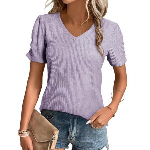 �t�@���W�����C ���f�B�[�X �g�b�v�X T�V���c V�l�b�N �j�b�g FUNJULY Women's V Neck T Shirts Textured Knit Puff Sleeve Solid Color Tops for Daily Wear Light Purple �p�[�v��