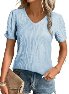 �G���[�g�`���C�X ���f�B�[�X �g�b�v�X T�V���c V�l�b�N �u���E�X �j�b�g Elitechoice Textured Knitops for Women V Neck Puff Sleeve Casual Blouses for All-Day Comfort Sky Blue �u���[