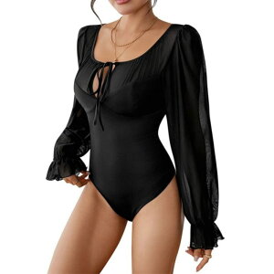�C�G�X�t�@�b�V���� ���f�B�[�X �g�b�v�X T�V���c ���b�V�� �{�f�B�[�X�[�c Yesfashion Women Puff Long Sleeve Bodysuit Mesh Square Neck Tied Corset Body Suitspring Summer Leotards Black �u���b�N