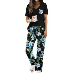 �G�R�A�[ ���f�B�[�X �A���_�[�E�F�A �i�C�g�E�F�A V�l�b�N �p���c Ekouaer Pajama Sets for Women Short Sleeve Pj Set V Neck Sleepwear Chest Pocket with Long Pants Black Blue Floral �u���b�N