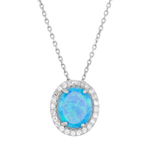 yz Aufbh fB[X lbNXE`[J[Ey_ggbv ANZT[ Lab-Created Blue Opal & Cubic Zirconia Sterling Silver Oval Halo Pendant Necklace Blue