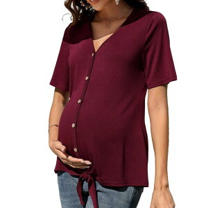 �N���A�t�����[ ���f�B�[�X �g�b�v�X �V���c V�l�b�N �}�^�j�e�B ClearFlower Women's Maternity Top V Neck Short Sleeve Button Front Pregnancy Shirt for Casual Daily Wear Wine Red ���b�h
