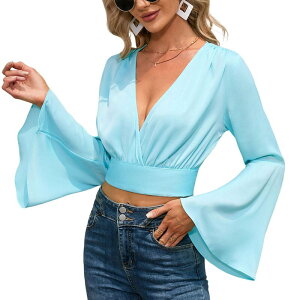 �Z�I���A ���f�B�[�X �g�b�v�X �V���c V�l�b�N Seoria Women's Deep V-neck Long Sleeved Waistie up Charming Wrap and Exposed Navel Top Mint Green �O���[��