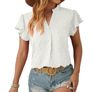 �N���A�t�����[ ���f�B�[�X �g�b�v�X �V���c V�l�b�N �t���� �u���E�X ClearFlower Women's V Neck Ruffle Short Sleeve Blouse Swiss Dotop Casual Work Shirt White �z���C�g