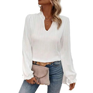 �Z�I���A ���f�B�[�X �g�b�v�X �V���c V�l�b�N �u���E�X Seoria Womens Blouses Dressy Casual Flowy Boho Tops V Neck Long Sleeve Shirts White �z���C�g