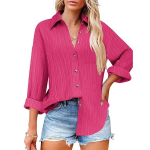 �W�[�O�[ ���f�B�[�X �g�b�v�X �V���c �{�^���_�E�� �u���E�X Zeagoo Women's Business Casual Button Down Tops Textured Collared Work Blouses with Pockets Hot Pink �s���N