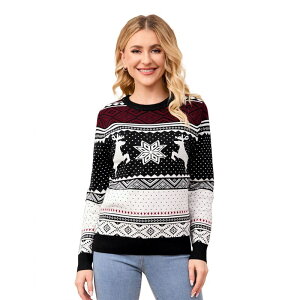 �~�X�L�[ ���f�B�[�X �A�E�^�[ �j�b�g�E�Z�[�^�[ �N���[�l�b�N MISSKY Christmasweater Crew Neck Reindeer Snowflakes Knitted Pullover for Women Black �u���b�N