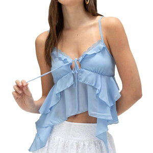 �Z�I���A ���f�B�[�X �g�b�v�X T�V���c �X�����t�B�b�g �t���� Seoria Women's Ruffled Thin Shoulder Strap Slim Fit Irregular Short Suspender Top Blue �u���[