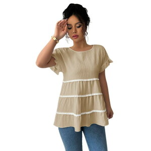 �C�G�X�t�@�b�V���� ���f�B�[�X �g�b�v�X T�V���c �e�B�A�[�h �t���� �u���E�X Yesfashion Women'short Sleeve Peplum Babydoll Blouse Tiered Tassels Trim Ruffle Sleeve Loose Fit Casual Tee Apricot �A�v���R�b�g