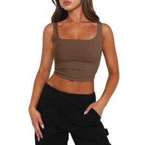 �W�[�O�[ ���f�B�[�X �g�b�v�X T�V���c �N���b�v�h Zeagoo Womens Cropped Tank Topsummer Square Neck Double Layer Slim Fitted Y2k Crop Top Brown �u���E��