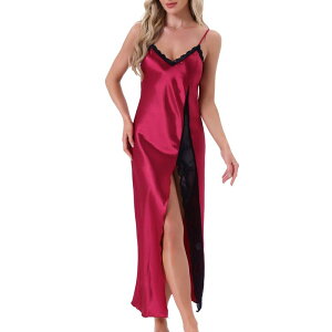 �C���X�p�C�A �V�b�N ���f�B�[�X �A���_�[�E�F�A �i�C�g�E�F�A �T�e�� �V���N ���[�X INSPIRE CHIC Women's Long Satinightgown Lace Slit Slip Lingerie for Ladies Nightwear Silky Chemise Sleepweared ���b�h
