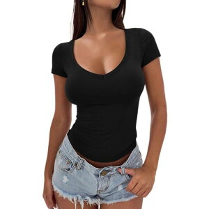 �y���������z �C�G�X�t�@�b�V���� ���f�B�[�X �V���c �g�b�v�X Short Sleeve Shirts for Women Y2K V Neck Ribbed Tshirts Slim Fit Summer Going Out Basic Tees Black