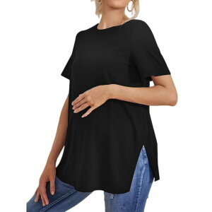�C�G�X�t�@�b�V���� ���f�B�[�X �g�b�v�X T�V���c �N���[�l�b�N �}�^�j�e�B Yesfashion Women's Maternity Short Sleeve Split Side Casual Crewneck Tunic Shirts Black �u���b�N