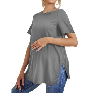 �C�G�X�t�@�b�V���� ���f�B�[�X �g�b�v�X T�V���c �N���[�l�b�N �}�^�j�e�B Yesfashion Women's Maternity Short Sleeve Split Side Casual Crewneck Tunic Shirts Gray �O���[