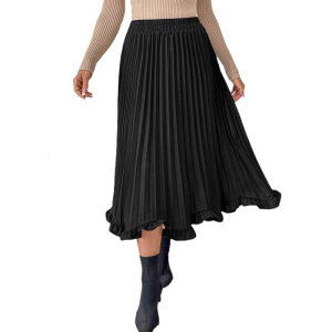 �C�G�X�t�@�b�V���� ���f�B�[�X �{�g���X�J�[�g A ���C�� �v���[�c �~�f�B Yesfashion Women's Midi Shirring Pleated Skirts Elastic High Waisted A Line Solid Color Casual Elegant Skirt Black �u���b�N