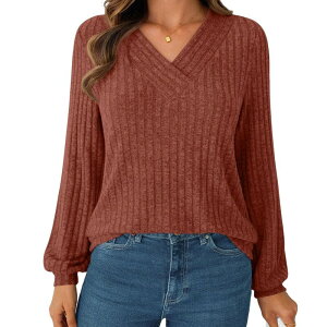 �y���������z �N���A�t�����[ ���f�B�[�X �V���c �g�b�v�X Women's V Neck Ribbed Long Sleeve Shirt Loose Fit Pullover Casual Comfortable Top Brown