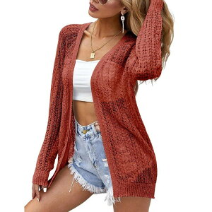 �Z�I���A ���f�B�[�X �A�E�^�[ �W���P�b�g�E�u���]�� �J�[�f�B�K�� Seoria Women Crochet Lightweight Open Front Cardigan Long Sleeve Jacket Summer Cover Up Rust Red ���b�h