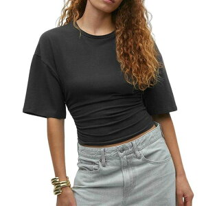�y���������z �N���A�t�����[ ���f�B�[�X T�V���c �g�b�v�X Women's Crew Neck Shirt Blouse Half-Sleeve Crew Neck Ruched Crop Top Black