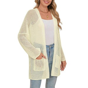 �G���[�g�X�s���b�g ���f�B�[�X �A�E�^�[ �j�b�g�E�Z�[�^�[ �J�[�f�B�K�� EliteSpirit Women's Crochet Cardigan Light Weight Long Sleeve Open Front Hollow Outhin Cardigan Apricot �A�v���R�b�g