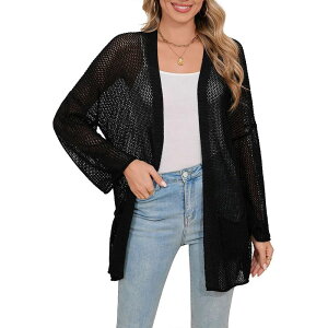 �G���[�g�X�s���b�g ���f�B�[�X �A�E�^�[ �j�b�g�E�Z�[�^�[ �J�[�f�B�K�� EliteSpirit Women's Crochet Cardigan Light Weight Long Sleeve Open Front Hollow Outhin Cardigan Black �u���b�N