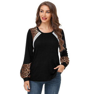 �Z�I���A ���f�B�[�X �g�b�v�X T�V���c �N���[�l�b�N ���u �R���g���X�g Seoria Women's Leopard Contrastunic Ribbed Top Spring Fall Color Block Crewneck Raglan Long Shirt Black �u���b�N