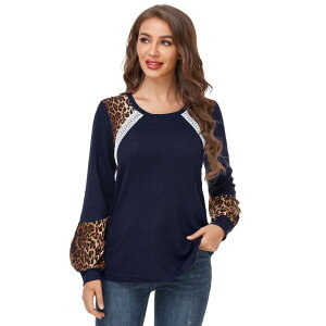 �Z�I���A ���f�B�[�X �g�b�v�X T�V���c �N���[�l�b�N ���u �R���g���X�g Seoria Women's Leopard Contrastunic Ribbed Top Spring Fall Color Block Crewneck Raglan Long Shirt Royal Blue �u���[