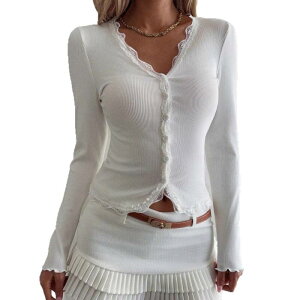 �y���������z �t�@���W�����C ���f�B�[�X �j�b�g�E�Z�[�^�[ �A�E�^�[ Women's Lace Spliced Long Sleeve Top Slim Fit V-Neck Ribbed Knit Cardigan White