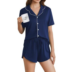 �G�R�A�[ ���f�B�[�X �A���_�[�E�F�A �i�C�g�E�F�A Ekouaer Pajamas for Women Set Button Up Sleepwear 2 Piece Pjs Lounge Set Short Sleeve Nightwear Navy Blue �l�C�r�[