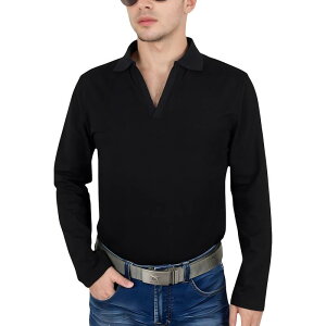 �A���i�J�V ���f�B�[�X �g�b�v�X T�V���c �����b�N�X�t�B�b�g �|���V���c Anna-Kaci Men's Long Sleeve Polo Shirt with Spread Collar and Relaxed Fit Black �u���b�N