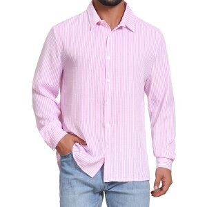 �C���X�p�C�A �V�b�N ���f�B�[�X �g�b�v�X T�V���c �{�^���_�E�� INSPIRE CHIC Men'seersucker Dresshirts Long Sleeve Button Down Textured Striped Shirts Pink �s���N