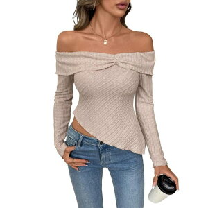 �C�G�X�t�@�b�V���� ���f�B�[�X �g�b�v�X �V���c �Z�[�^�[ �j�b�g Yesfashion Women's Irregular Hem Off the Shoulder Sweaterslim Fitted Long Sleeve Knitted Pullover Crop Tops Khaki �J�[�L