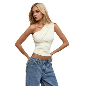 �C�G�X�t�@�b�V���� ���f�B�[�X �g�b�v�X T�V���c �M���U�[ �m�[�X���[�u Yesfashion Women's One Shoulderuched Sleeveless Going Out Crop Tops Apricot �A�v���R�b�g