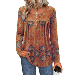 �W�[�O�[ ���f�B�[�X �g�b�v�X T�V���c �v���[�c �v�����g �u���E�X ���M���X Zeagoo Women's Leopard Print Long Sleeve Loose Tunic Tops Pleated Casual Blouses for Leggings Orange �I�����W