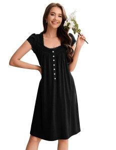 �t�@���W�����C ���f�B�[�X �A���_�[�E�F�A �i�C�g�E�F�A FUNJULY Women �f s Nightgown Sleepwear Short Sleevesquare Neck Soft Nightdress Black �u���b�N